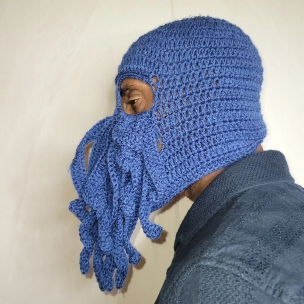 Handmade Crochet Cthulhu Balaclava Mask Blue Octopus‎ Kraken Tentacle Ski Mask